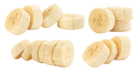 Obraz premium Set of peeled banana slices arranged in four compositions, isolated on transparent cutout background