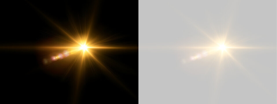 Golden lens flare with diagonal bokeh trail on black and transparent background. Bright starburst light effect with horizontal streak. Isolated graphic overlay