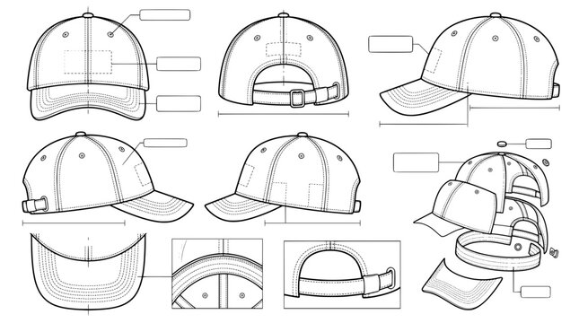 Comprehensive technical blueprint vector set of a classic baseball cap featuring orthographic views dimension line callouts exploded panel assembly diagram adjustable back strap closure 