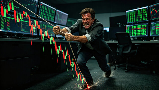 In the dim trading room, a heavily stressed trader struggles to pull a rope tied to a plummeting candlestick chart.