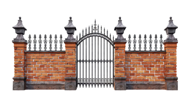 Ornate Brick Wall and Wrought Iron Fence with Decorative Gate
