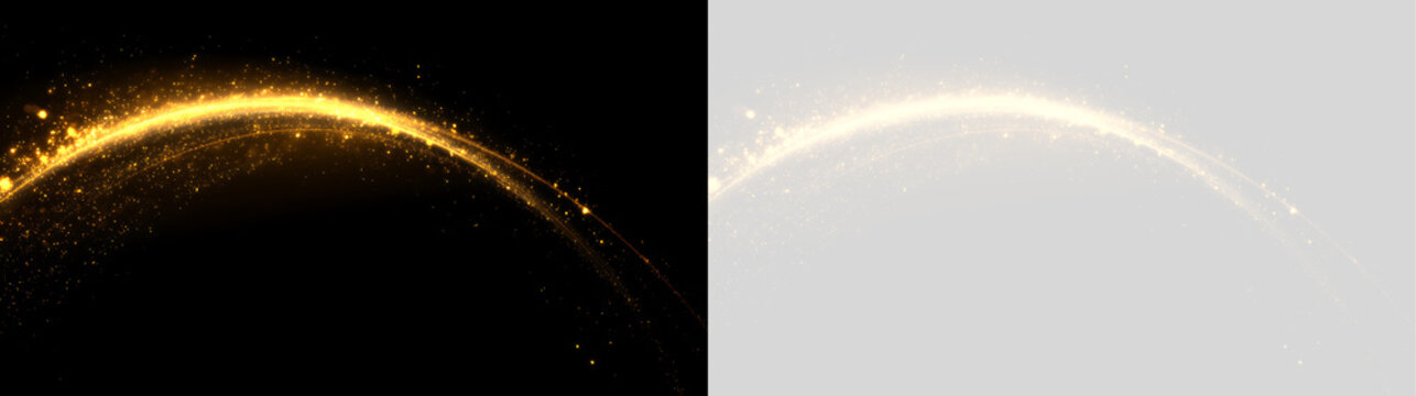 Golden light trail with sparkling glitter arc on black and transparent background. Magic glow effect with shiny particles