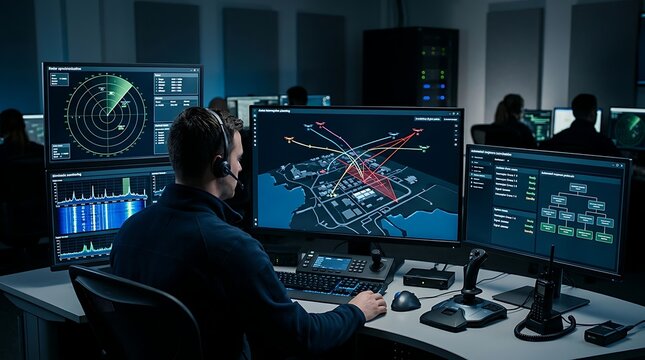 A person in a dark control room monitoring multiple screens displaying complex data and radar information.