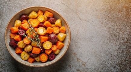 Fototapeta premium Roasted Rainbow Carrots and Beets in a Rustic Ceramic Bowl with Fresh Thyme Herbs on a Textured Stone Surface Background