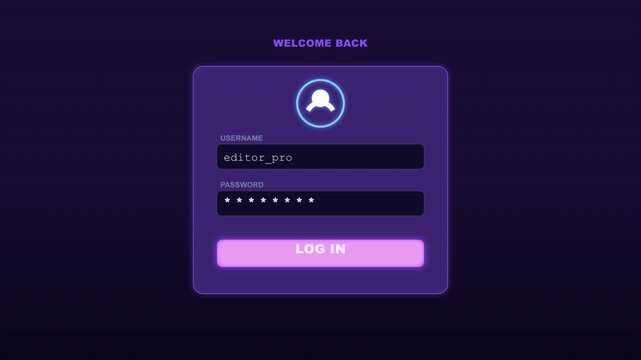 Log In Screen Intro Glass Card Username Password Form Purple Blue Loop. 4k