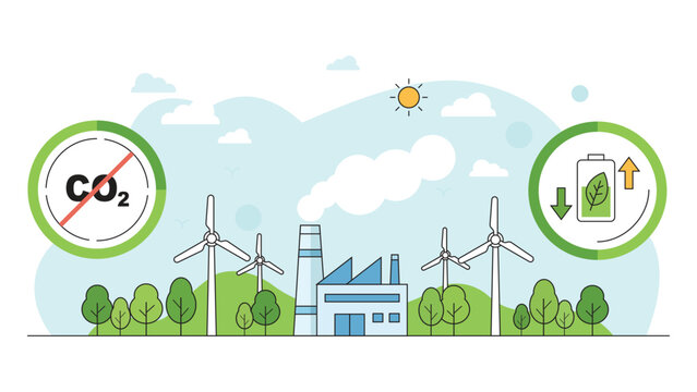 Low carbon factory with wind turbines clean energy and battery storage supporting sustainable industrial transition