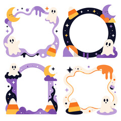 Naklejka premium Cute Ghost Halloween Frame Set with Candy Corn Moon and Stars