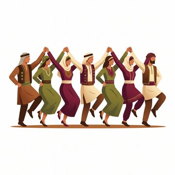 Group of people performing traditional Middle Eastern Dabke dance. Joyful folk line dance with synchronized stomping and hand-holding.