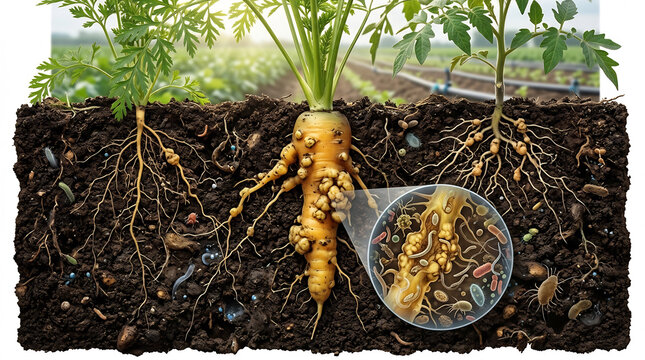 Vegetable plant root systems exhibit significant nematode damage within a cross-sectional soil perspective showing microscopic infestation details for agricultural crop analysis purposes.