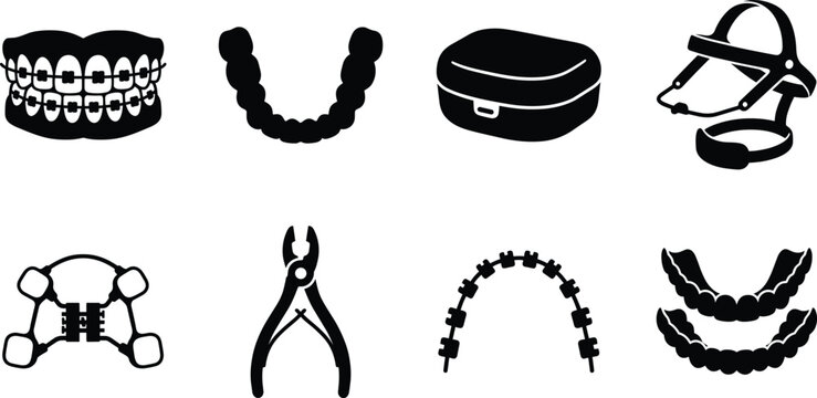 Orthodontic Braces Dental Appliances Tools and Equipment Black Silhouette Icon Set