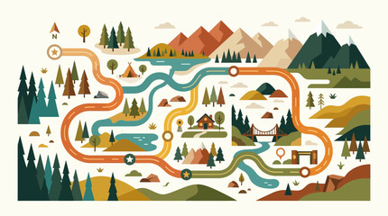 Naklejka premium Adventure Travel Map Illustration with Mountains, Forest, and Winding Roads