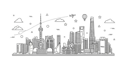 Fototapeta premium Shanghai City Skyline Vector Line Art Illustration