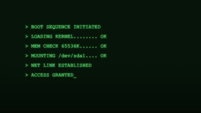 Retro Green Phosphor Old Terminal Boot Screen with Typing Command Lines Loop. 4K alpha