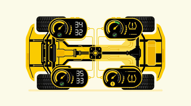 Car Tire Pressure Monitoring System TPMS Infographic and Vehicle Diagnostic Illustration