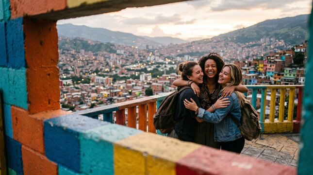 Three Young Women Embracing on Rooftop Overlooking Colorful City