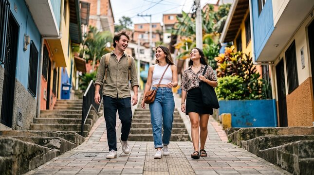 Three Young Friends Walking Together Down Colorful Urban Street