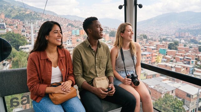 Tourists Enjoying City View from Observation Deck Medellin