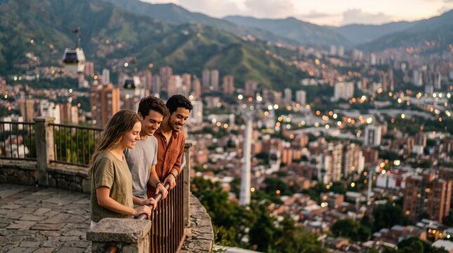 Young Friends Enjoying City Viewpoint Overlooking Mountains