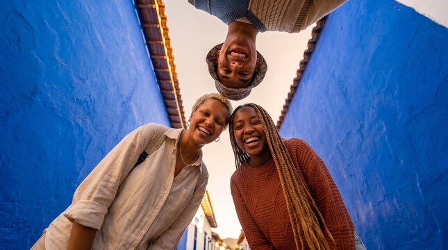 Young People Smiling Together in Colorful Urban Alley