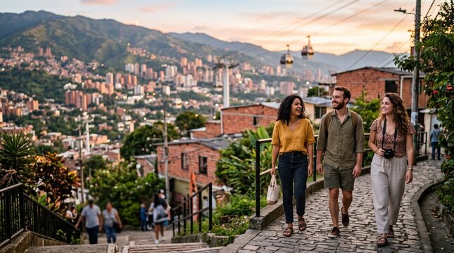 Tourists Walking Through Historic Medellin Neighborhood at Sunset