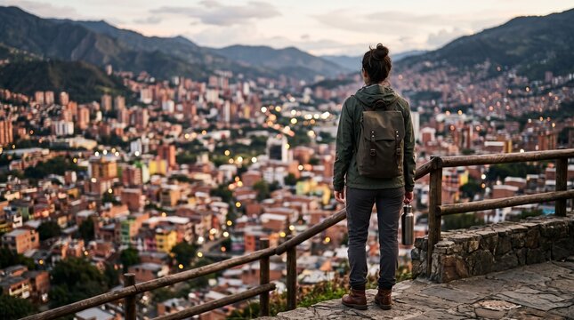 Traveler with Backpack Overlooking Mountain City at Dusk