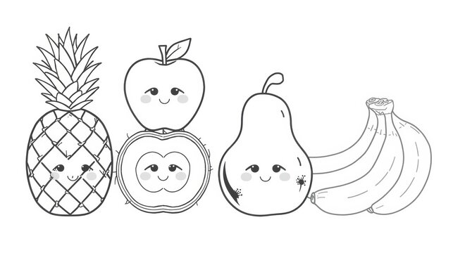 Cute cartoon fruits coloring page with pineapple apple pear and bananas