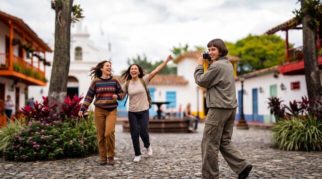Friends Taking Selfie in Historic Colonial Town Square