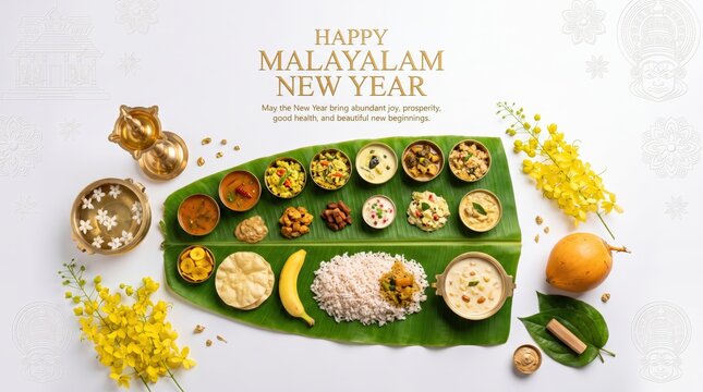 Traditional sadya feast served on a banana leaf for malayalam new year, featuring rice, curries, pappadam, banana, and yellow cassia fistula flowers on a white background