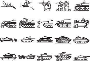 Obraz premium A collection of graphic illustrations depicts various tanks and military personnel in action, showcasing different models and operational scenarios.