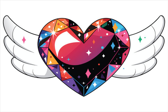 Colorful Patchwork Heart with White Angel Wings