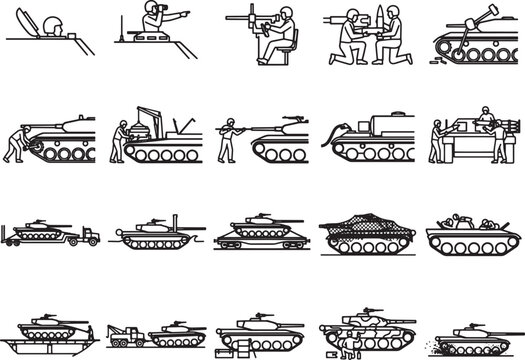A collection of graphic illustrations depicts various tanks and military personnel in action, showcasing different models and operational scenarios.