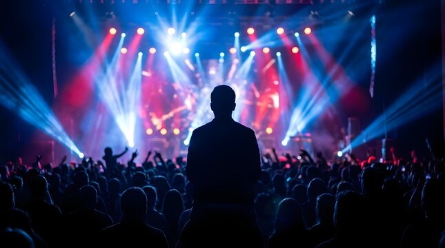 Audience silhouette watching live concert with vibrant red and blue stage lighting.