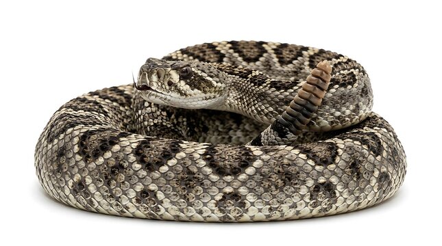 Coiled Diamondback Rattlesnake Isolated on White Background.