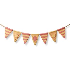 Obraz premium Striped pink and yellow clay bunting flags on rope isolated against white background in studio