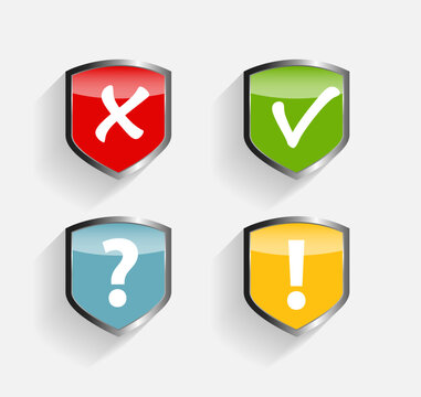 Shield icons with checkmark x question mark and exclamation point on white background
