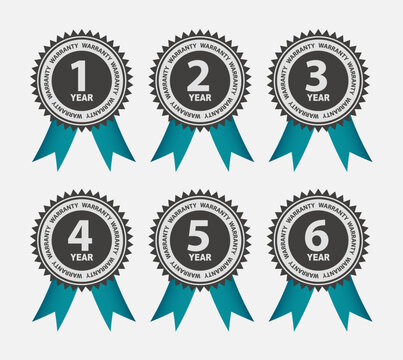 Warranty seals with one to six year coverage displayed as vector badges on white background