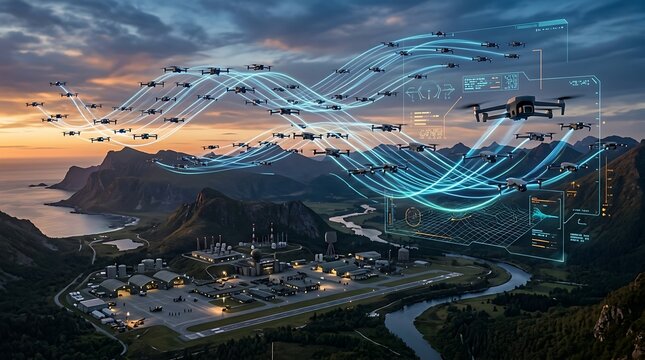 Advanced drone swarm technology operating over a coastal industrial complex with data visualization.