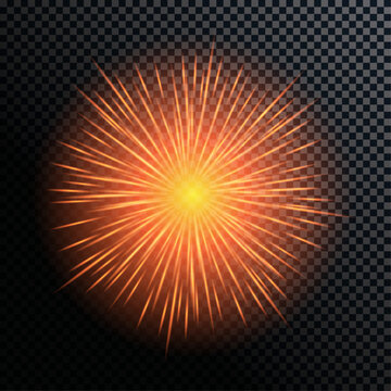 Bright orange explosion starburst with radiant light on transparent background