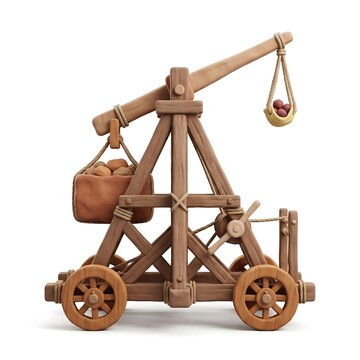 3D clay illustration of a medieval wooden trebuchet siege engine isolated on white background