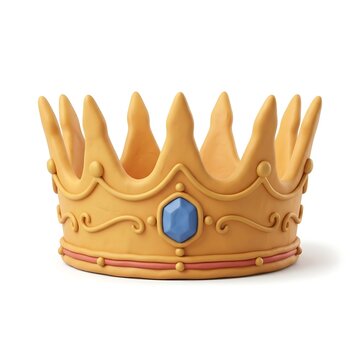 Golden clay crown with blue gemstone isolated on white background with soft studio lighting