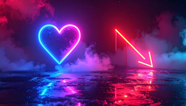 A neon heart and arrow amidst clouds and reflections on wet ground