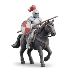 Naklejka premium Stylized 3D miniature medieval knight in armor riding horse with shield on white studio background