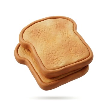 Two 3D stylized toasted bread slices isolated on white background with soft shadow and matte finish