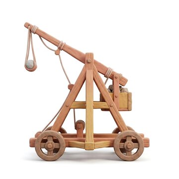 3D stylized medieval trebuchet siege engine on wheels with clay texture isolated on white background