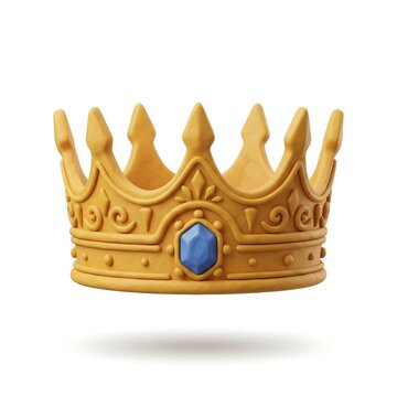 Gold three dimensional cartoon crown with blue sapphire gemstone isolated on white background studio lighting