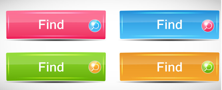 Four colorful find buttons with magnifying glass icons on a white background