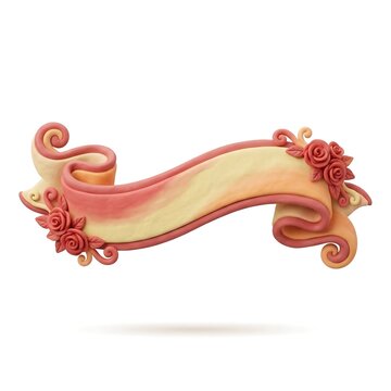 Sculpted clay banner ribbon with pink roses and peach gradient isolated on white background
