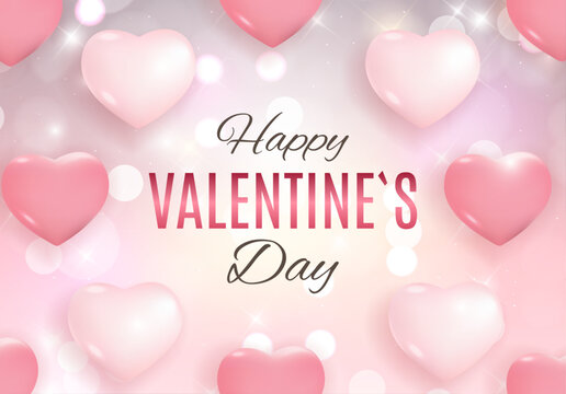 Happy Valentines Day greeting with hearts and bokeh lights on a pink background