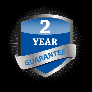 Two year guarantee badge with silver border and blue background for quality assurance