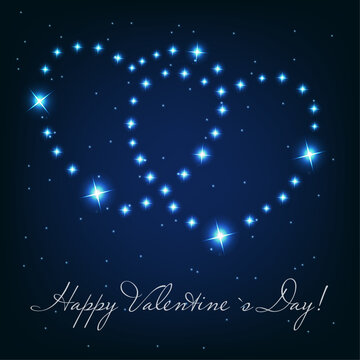 Blue starry night sky forming a heart shape with valentines day text